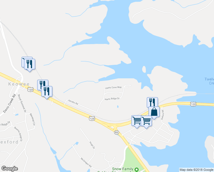 map of restaurants, bars, coffee shops, grocery stores, and more near 121 Harts Cove Way in Seneca