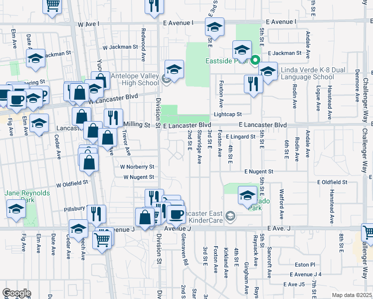 map of restaurants, bars, coffee shops, grocery stores, and more near 44703 2nd Street East in Lancaster