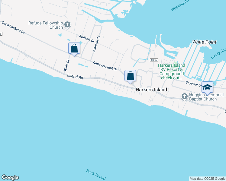 map of restaurants, bars, coffee shops, grocery stores, and more near 866 Island Road in Harkers Island