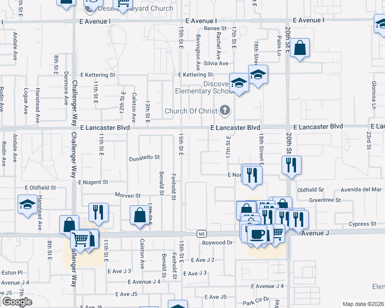 map of restaurants, bars, coffee shops, grocery stores, and more near 44662 Foxboro Court in Lancaster