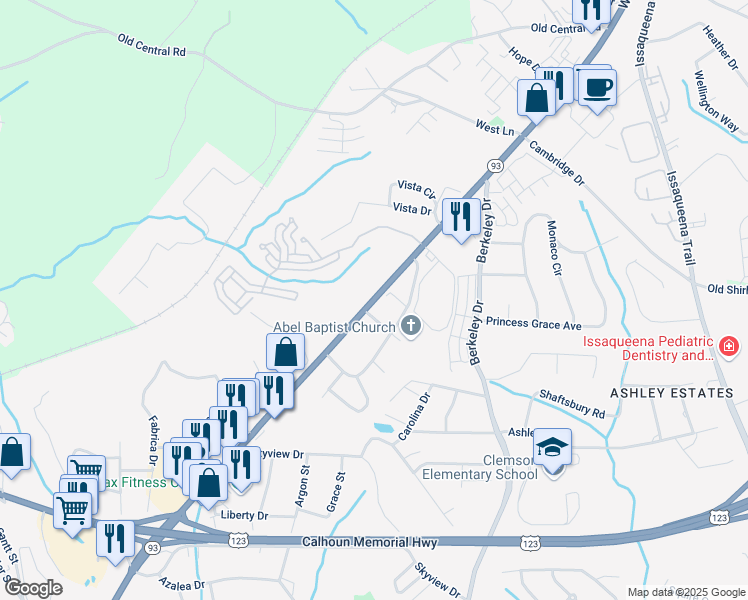 map of restaurants, bars, coffee shops, grocery stores, and more near 631 Old Greenville Highway in Clemson