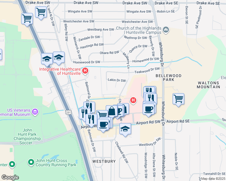 map of restaurants, bars, coffee shops, grocery stores, and more near 3504 Lakin Cir SW in Huntsville