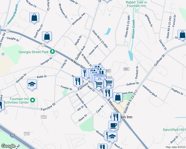 map of restaurants, bars, coffee shops, grocery stores, and more near 200 North Main Street in Fountain Inn