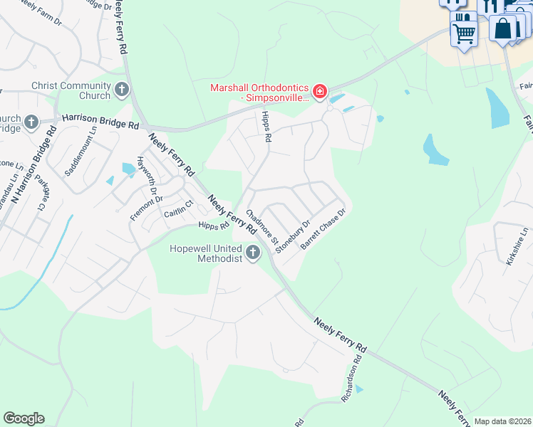 map of restaurants, bars, coffee shops, grocery stores, and more near 19 Dunbrook Drive in Simpsonville