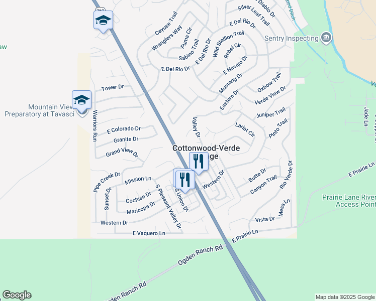 map of restaurants, bars, coffee shops, grocery stores, and more near 2432 South High View Circle in Cottonwood