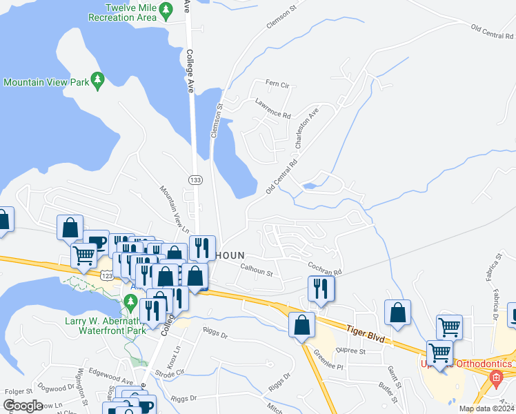 map of restaurants, bars, coffee shops, grocery stores, and more near 407 Lindsay Road in Clemson