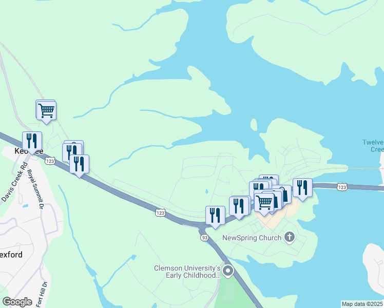 map of restaurants, bars, coffee shops, grocery stores, and more near 322 Harts Cove Way in Seneca