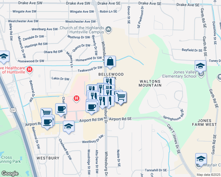 map of restaurants, bars, coffee shops, grocery stores, and more near 4725 Whitesburg Drive in Huntsville