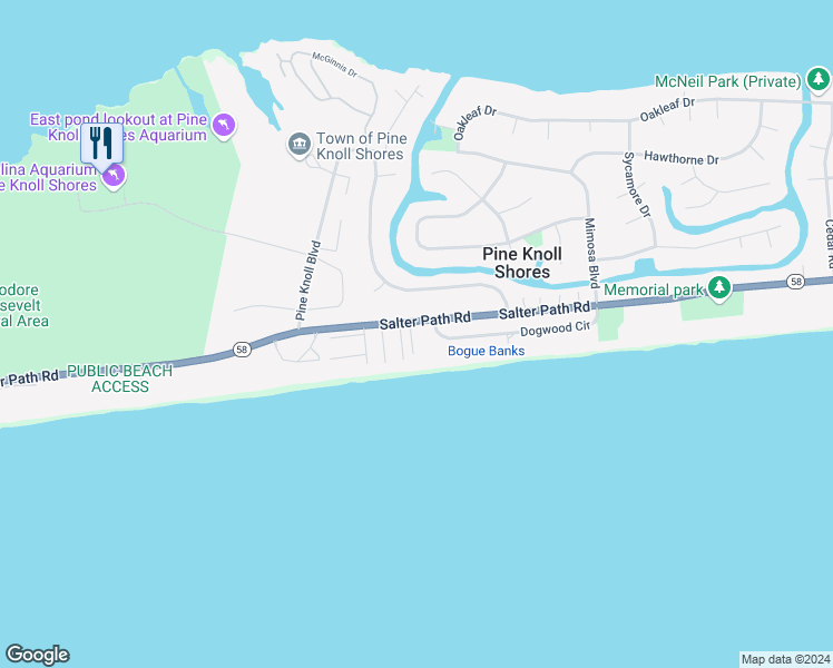 map of restaurants, bars, coffee shops, grocery stores, and more near 273 Salter Path Road in Pine Knoll Shores