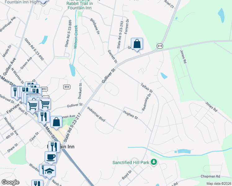map of restaurants, bars, coffee shops, grocery stores, and more near 214 Addlestone Circle in Fountain Inn