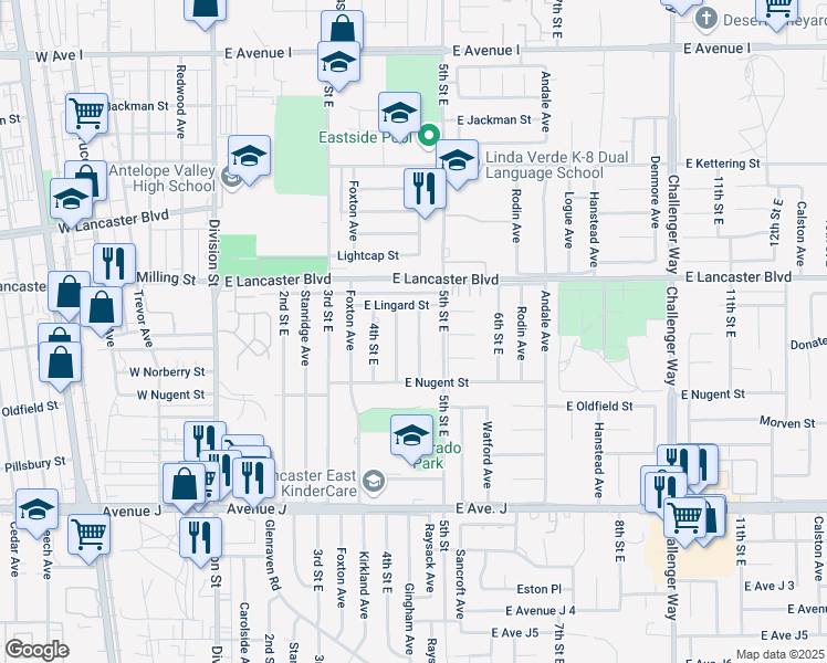 map of restaurants, bars, coffee shops, grocery stores, and more near 44655 Raysack Avenue in Lancaster