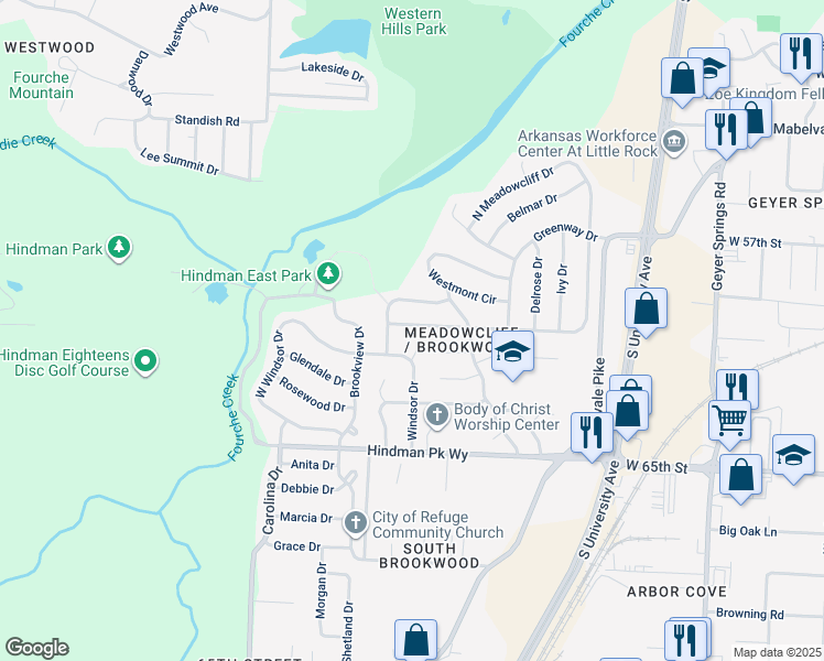 map of restaurants, bars, coffee shops, grocery stores, and more near 89 S Meadowcliff Dr in Little Rock