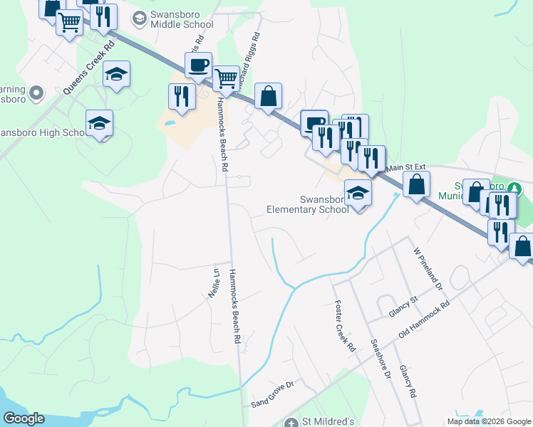 map of restaurants, bars, coffee shops, grocery stores, and more near 115 Forest Lane in Swansboro