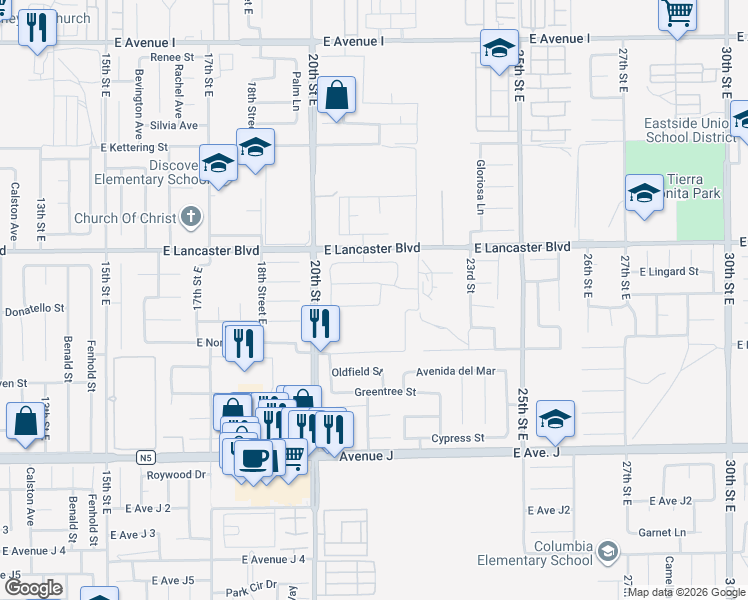 map of restaurants, bars, coffee shops, grocery stores, and more near 2113 East Donatello Street in Lancaster