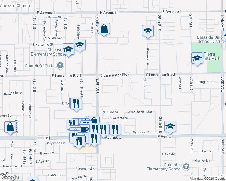 map of restaurants, bars, coffee shops, grocery stores, and more near 2113 East Donatello Street in Lancaster