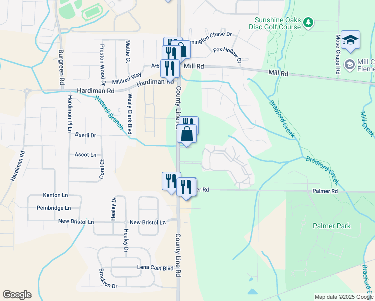 map of restaurants, bars, coffee shops, grocery stores, and more near 10971 County Line Road in Madison