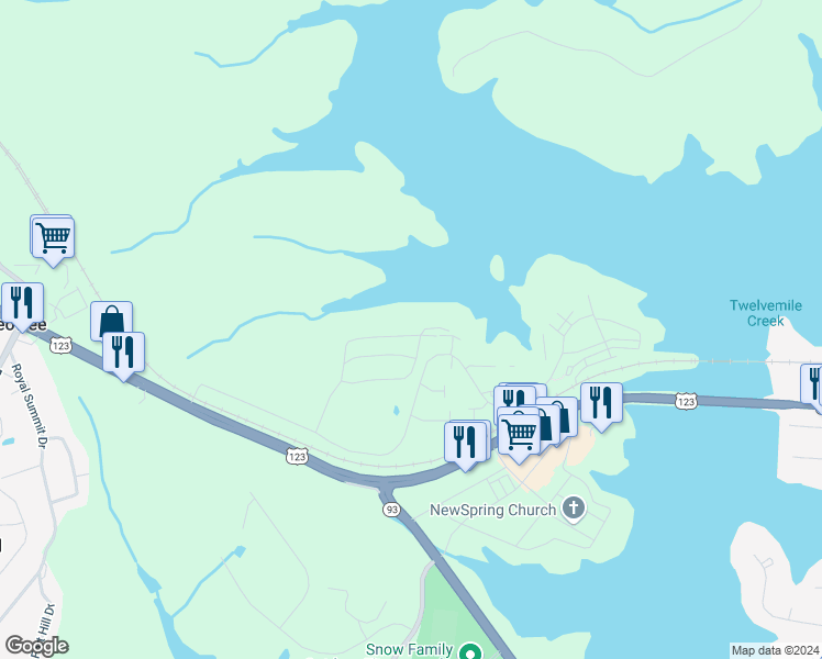 map of restaurants, bars, coffee shops, grocery stores, and more near 502 Harts Cove Way in Seneca