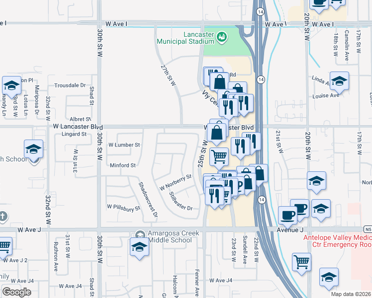 map of restaurants, bars, coffee shops, grocery stores, and more near West Lumber Street in Del Sur