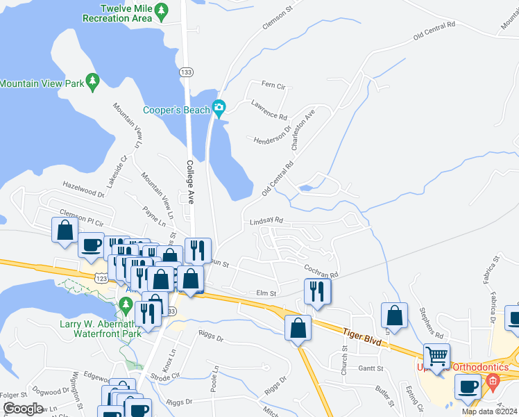map of restaurants, bars, coffee shops, grocery stores, and more near 407 Lindsay Road in Clemson