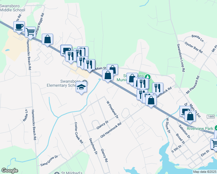 map of restaurants, bars, coffee shops, grocery stores, and more near 9 Manor Lane in Swansboro