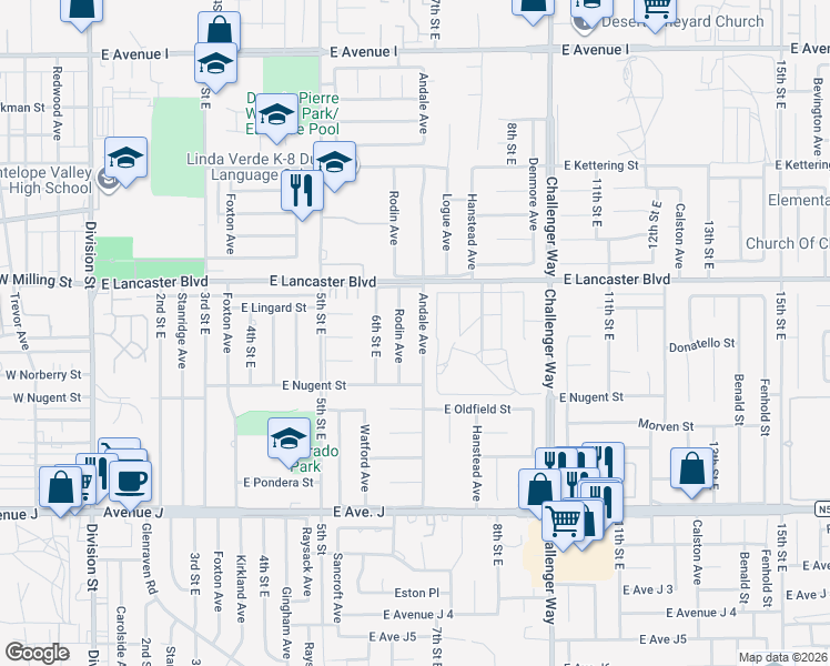 map of restaurants, bars, coffee shops, grocery stores, and more near 44703 Andale Avenue in Lancaster