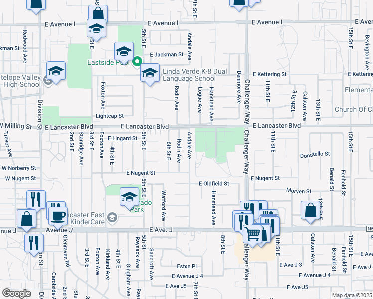 map of restaurants, bars, coffee shops, grocery stores, and more near 44703 Andale Avenue in Lancaster