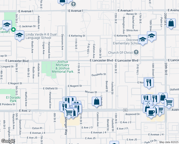 map of restaurants, bars, coffee shops, grocery stores, and more near 44713 12th Street East in Lancaster