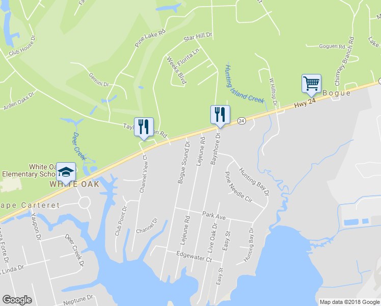 map of restaurants, bars, coffee shops, grocery stores, and more near 107 Bogue Sound Drive in Swansboro