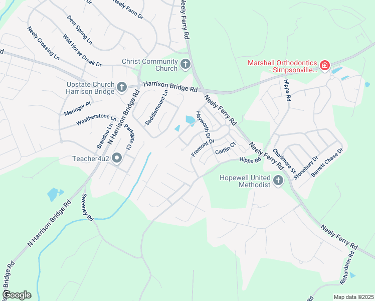 map of restaurants, bars, coffee shops, grocery stores, and more near 308 Clairhill Court in Simpsonville