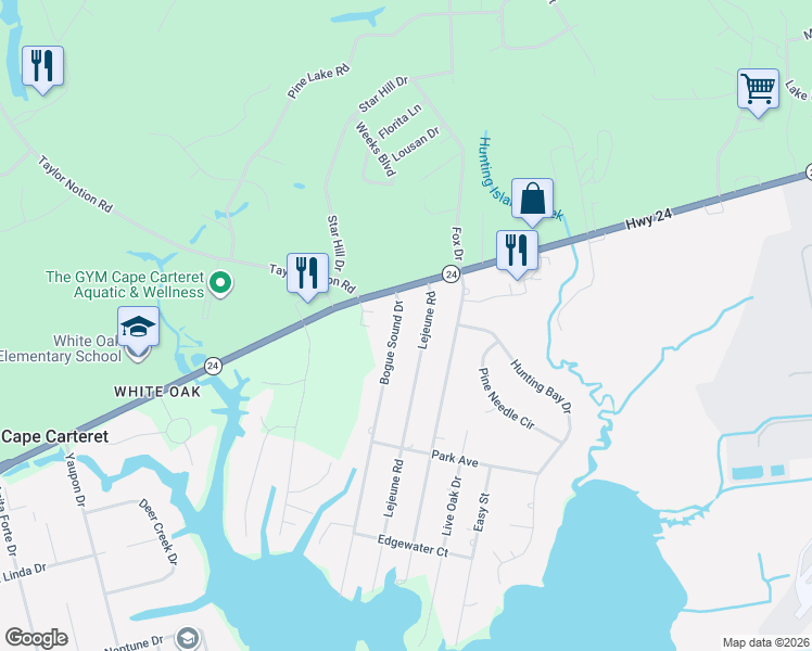 map of restaurants, bars, coffee shops, grocery stores, and more near 107 Bogue Sound Drive in Cape Carteret