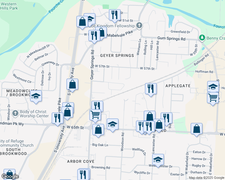map of restaurants, bars, coffee shops, grocery stores, and more near 6006 Kerr Road in Little Rock
