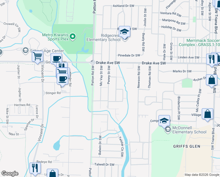 map of restaurants, bars, coffee shops, grocery stores, and more near 3917 Penny Street Southwest in Huntsville