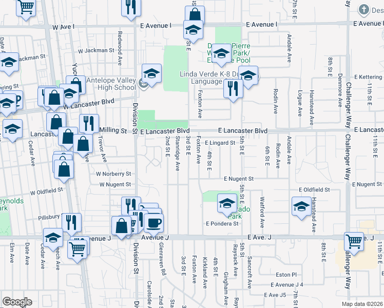 map of restaurants, bars, coffee shops, grocery stores, and more near 44708 East 3rd Street in Lancaster