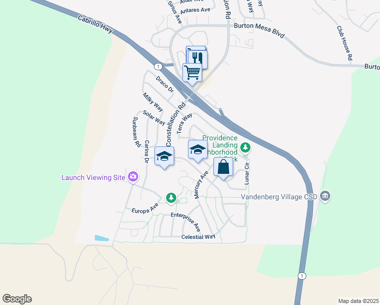 map of restaurants, bars, coffee shops, grocery stores, and more near 505 Mars Avenue in Lompoc
