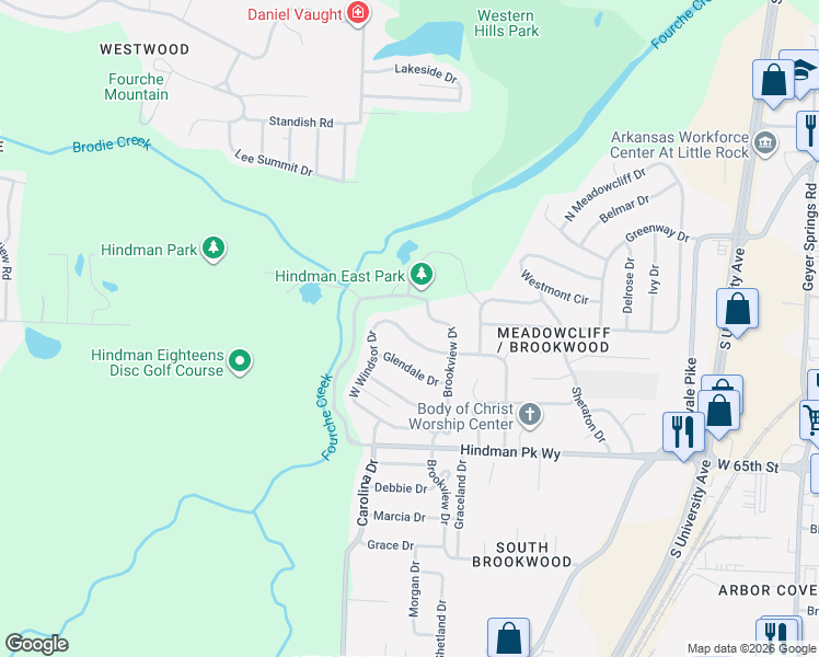 map of restaurants, bars, coffee shops, grocery stores, and more near 14 West Windsor Drive in Little Rock