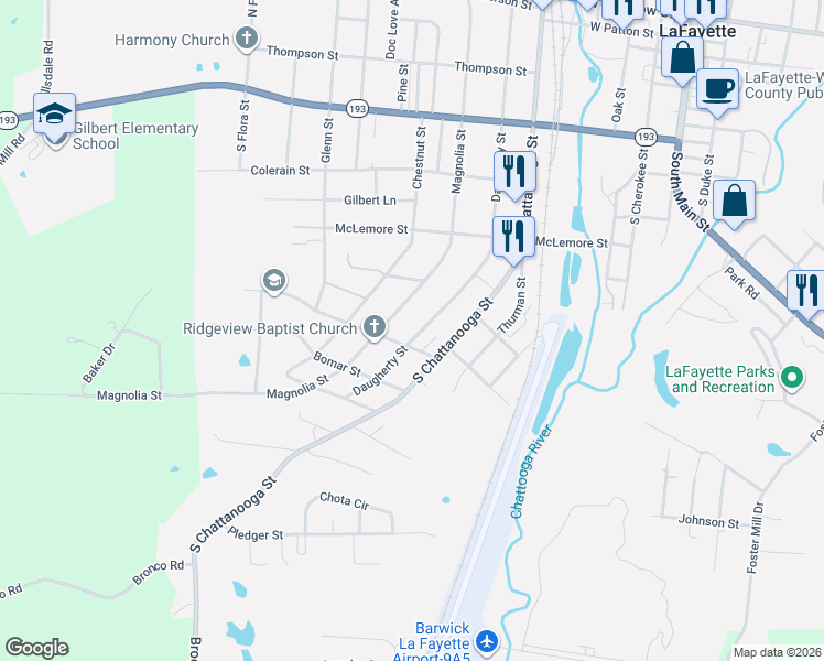 map of restaurants, bars, coffee shops, grocery stores, and more near 906 Daugherty Street in LaFayette