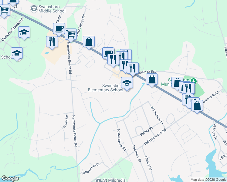 map of restaurants, bars, coffee shops, grocery stores, and more near 13 Port West Court in Swansboro