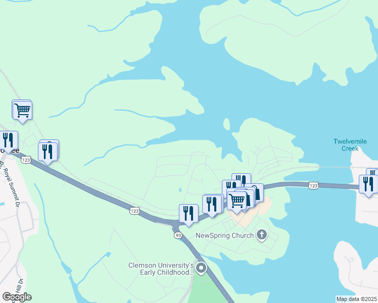 map of restaurants, bars, coffee shops, grocery stores, and more near 623 Harts Cove Way in Seneca