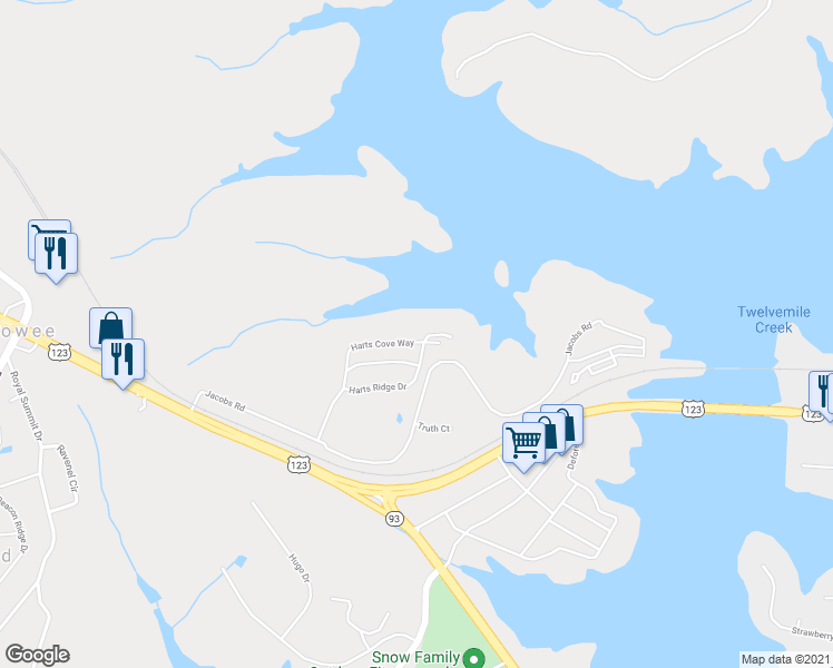 map of restaurants, bars, coffee shops, grocery stores, and more near 623 Harts Cove Way in Seneca