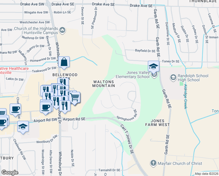 map of restaurants, bars, coffee shops, grocery stores, and more near 2103 Springhouse Road Southeast in Huntsville