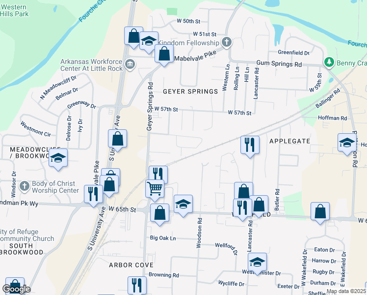 map of restaurants, bars, coffee shops, grocery stores, and more near 6006 Kerr Road in Little Rock
