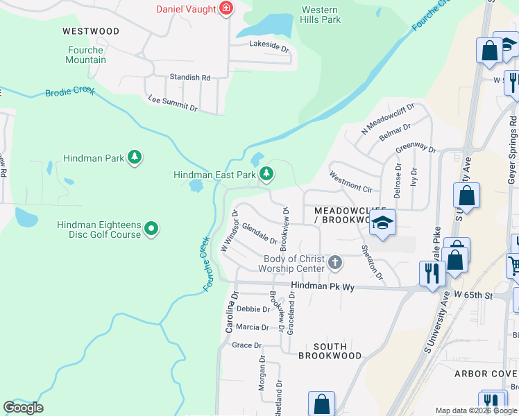 map of restaurants, bars, coffee shops, grocery stores, and more near 14 West Windsor Drive in Little Rock