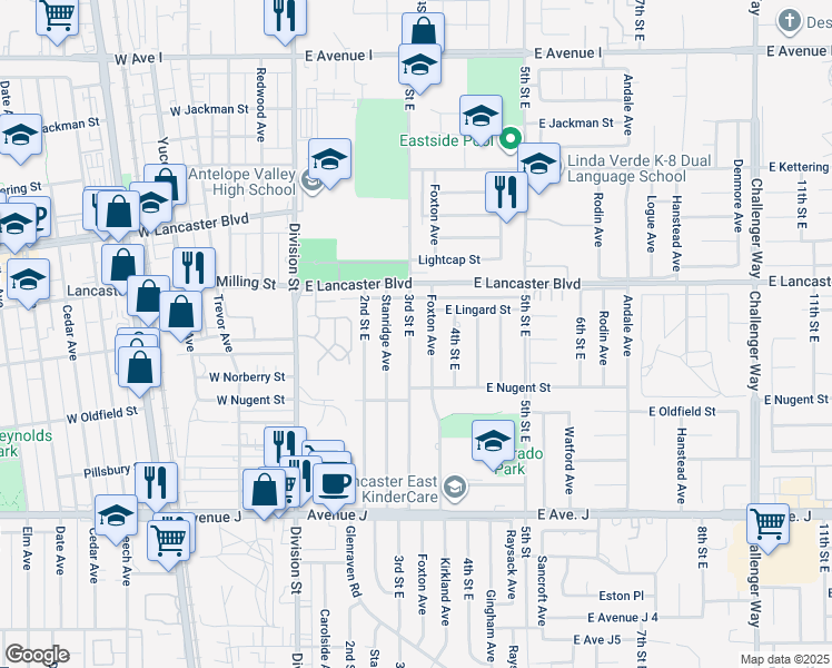 map of restaurants, bars, coffee shops, grocery stores, and more near 44708 3rd Street East in Lancaster