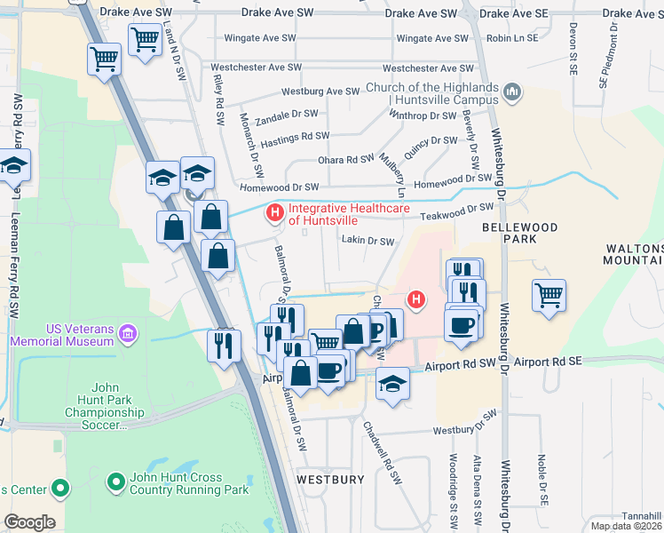 map of restaurants, bars, coffee shops, grocery stores, and more near 510 Chateau Drive Southwest in Huntsville