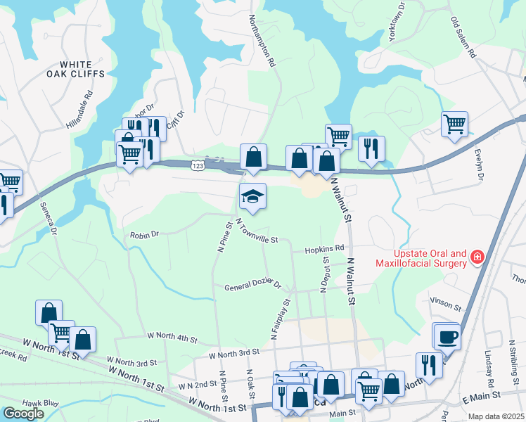map of restaurants, bars, coffee shops, grocery stores, and more near 710 North Townville Street in Seneca