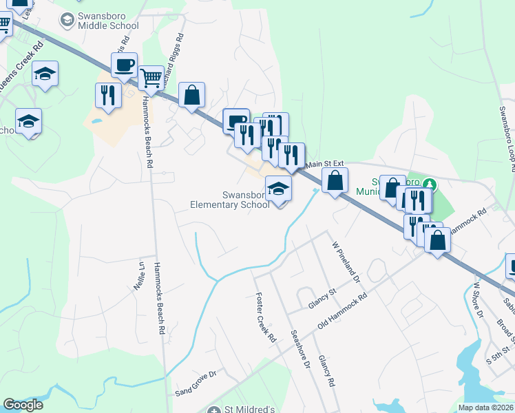 map of restaurants, bars, coffee shops, grocery stores, and more near 9 Port West in Swansboro