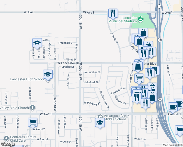 map of restaurants, bars, coffee shops, grocery stores, and more near 2822 West Lumber Street in Lancaster