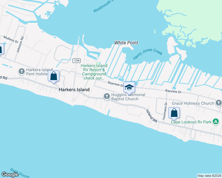 map of restaurants, bars, coffee shops, grocery stores, and more near 175 Nelson Street in Harkers Island