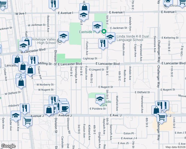 map of restaurants, bars, coffee shops, grocery stores, and more near 44702 4th Street East in Lancaster