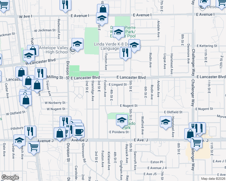 map of restaurants, bars, coffee shops, grocery stores, and more near 44702 4th Street East in Lancaster